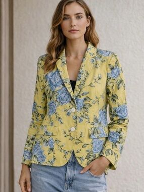 Rag & Bone Bailey Jacket Canary Yellow Blue Rose Floral Blazer Sz 0 $495